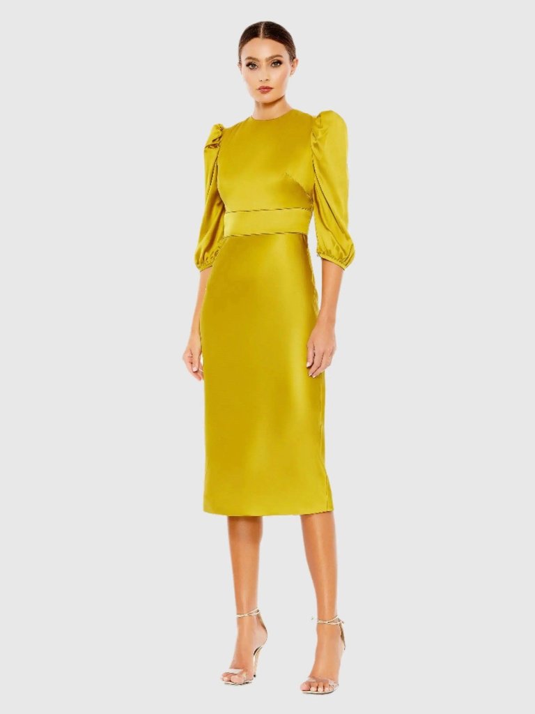 Mac Duggal Size 2 Chartreuse A26927 Satin Puff Sleeve Midi Cocktail Sheath Dress